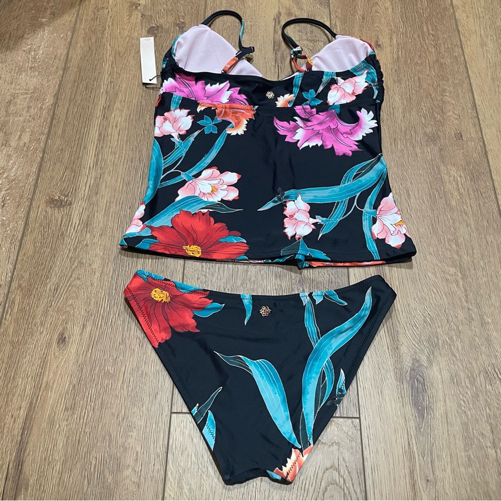 NWT Nanette Lepore Two PieceTankini Set Size 8 Black Floral - Picture 2 of 6